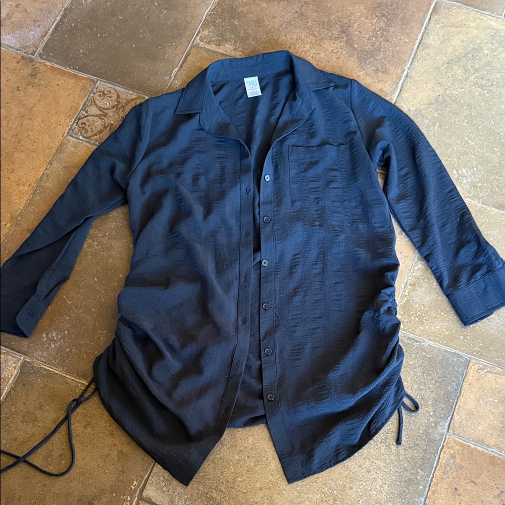 Time and Tru Black Button Down Oversized Shirt Beach Swim Coverup New 8/10 M